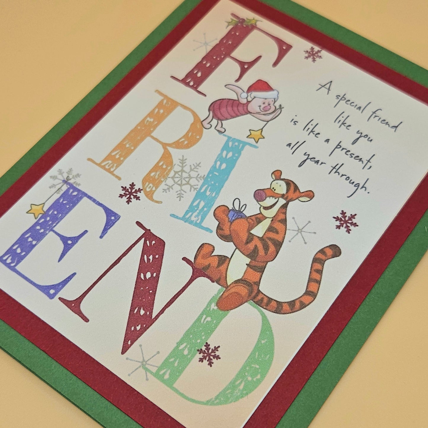 Handmade Winnie the Pooh Christmas Card, Friendship Holiday Greeting Card,Tigger and Piglet Seasonal Nostalgic Keepsake