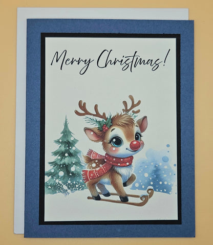 Handmade Christmas Card, Traditional Holiday Greeting Card, Baby Reindeer on Sled Winter Keepsake