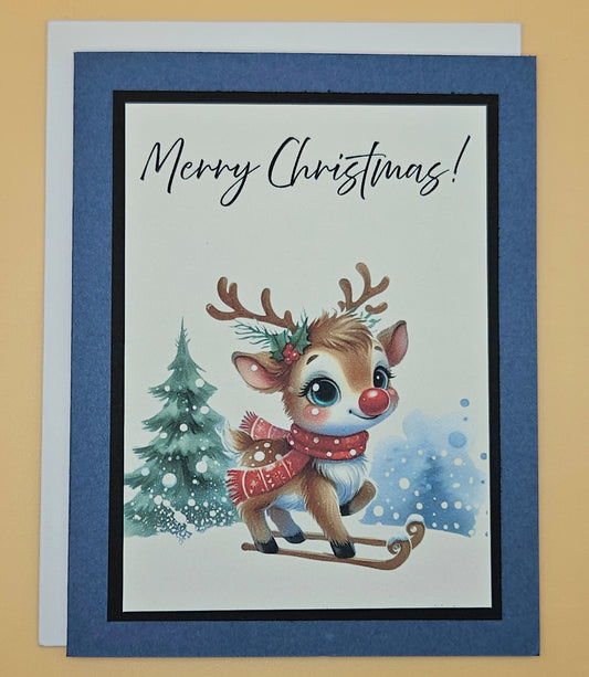 Handmade Christmas Card, Traditional Holiday Greeting Card, Baby Reindeer on Sled Winter Keepsake