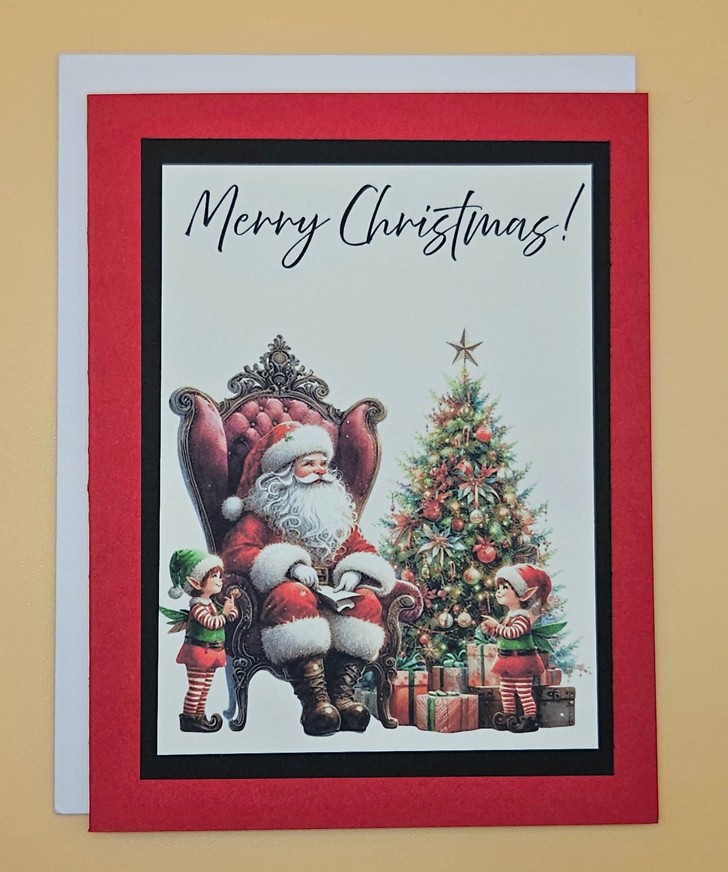 Handmade Christmas Card, Traditional Holiday Tree Greeting Card, Classic Santa, Elves Tree Keepsake