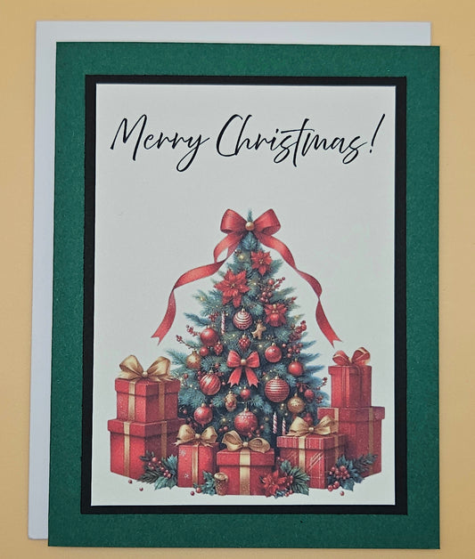 Handmade Christmas Card, Traditional Holiday Tree Greeting Card, Festive Red Ribbon & Gifts Keepsake