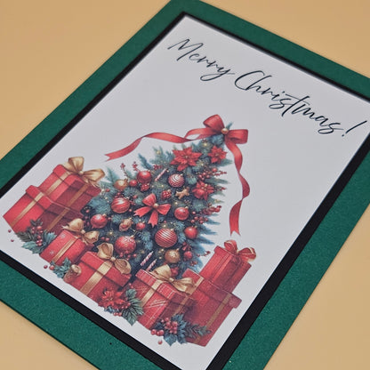 Handmade Christmas Card, Traditional Holiday Tree Greeting Card, Festive Red Ribbon & Gifts Keepsake