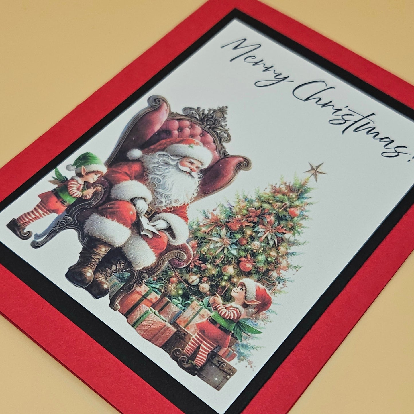 Handmade Christmas Card, Traditional Holiday Tree Greeting Card, Classic Santa, Elves Tree Keepsake