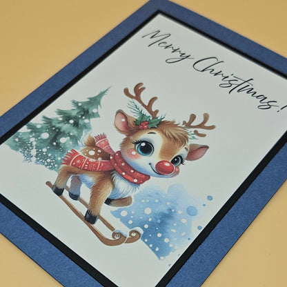 Handmade Christmas Card, Traditional Holiday Greeting Card, Baby Reindeer on Sled Winter Keepsake