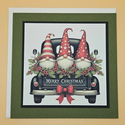 Handmade Christmas Card, Vintage Holiday Gnome Greeting Card, Pickup Truck Merry Christmas Keepsake