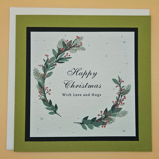Handmade Christmas Card, Vintage Wreath Greeting Card, Classic Holly Love and Hugs Keepsake