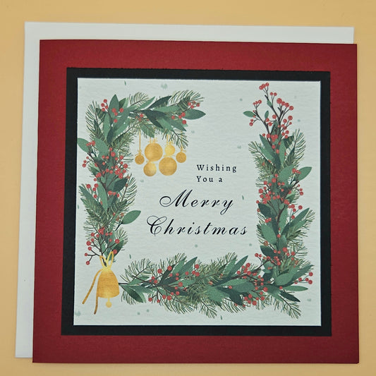 Handmade Christmas Card, Vintage Wreath Greeting Card, Gold Bells Berries Classic Keepsake