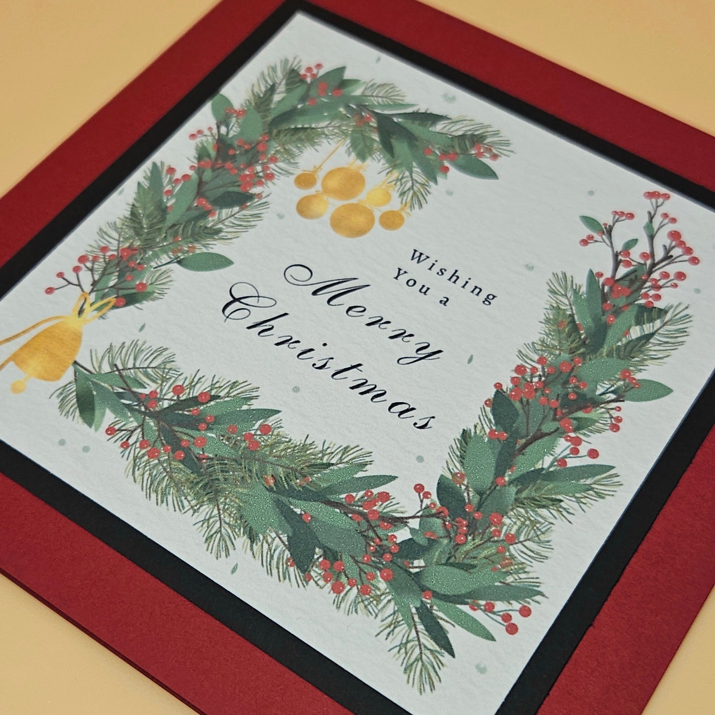 Handmade Christmas Card, Vintage Wreath Greeting Card, Gold Bells Berries Classic Keepsake