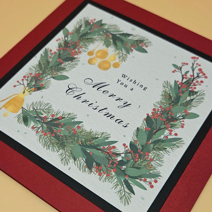 Handmade Christmas Card, Vintage Wreath Greeting Card, Gold Bells Berries Classic Keepsake
