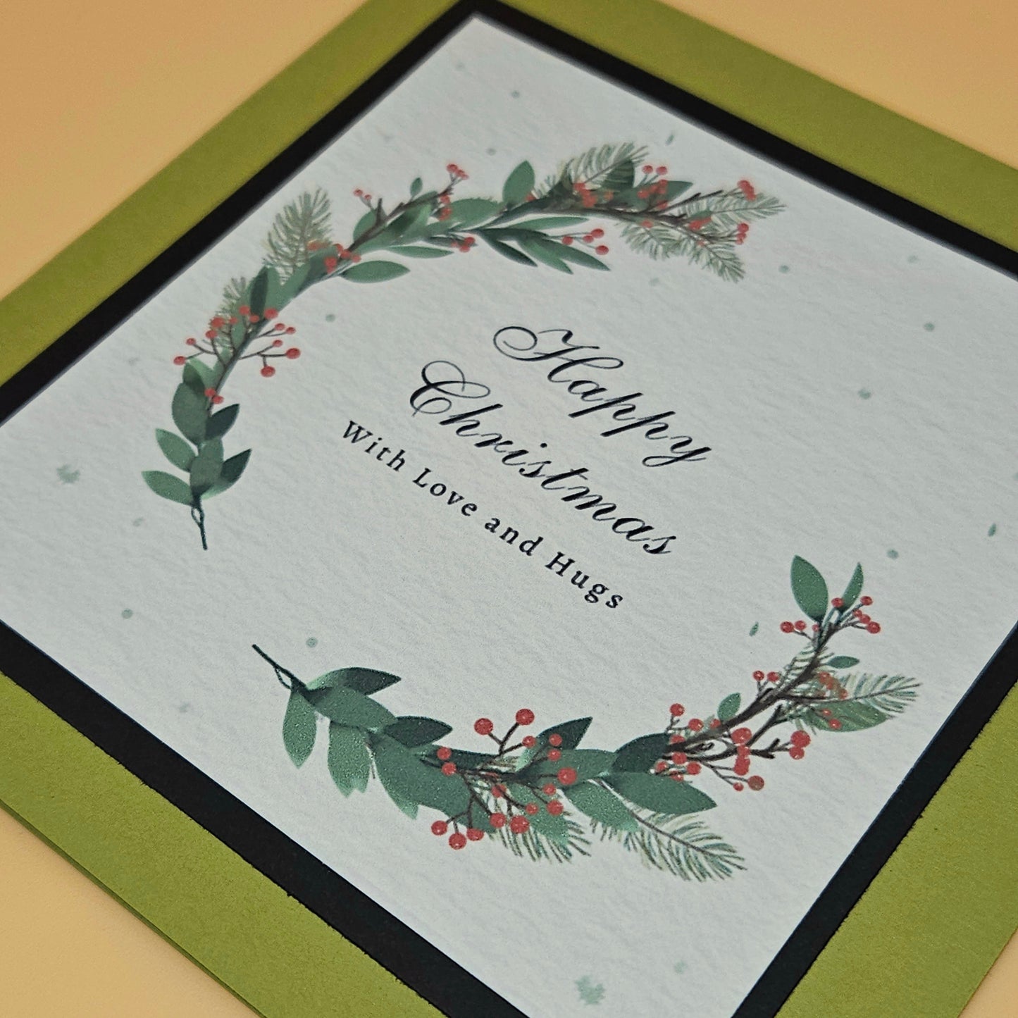 Handmade Christmas Card, Vintage Wreath Greeting Card, Classic Holly Love and Hugs Keepsake