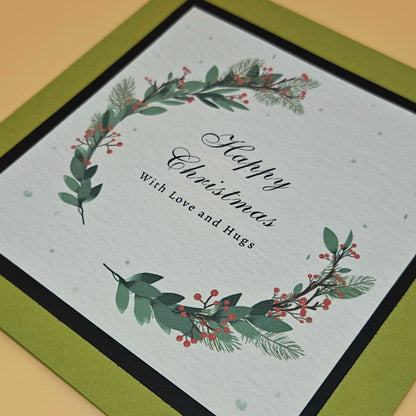 Handmade Christmas Card, Vintage Wreath Greeting Card, Classic Holly Love and Hugs Keepsake