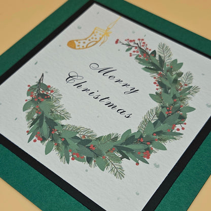 Handmade Christmas Card, Vintage Wreath Greeting Card, Classic Gold Stocking Keepsake