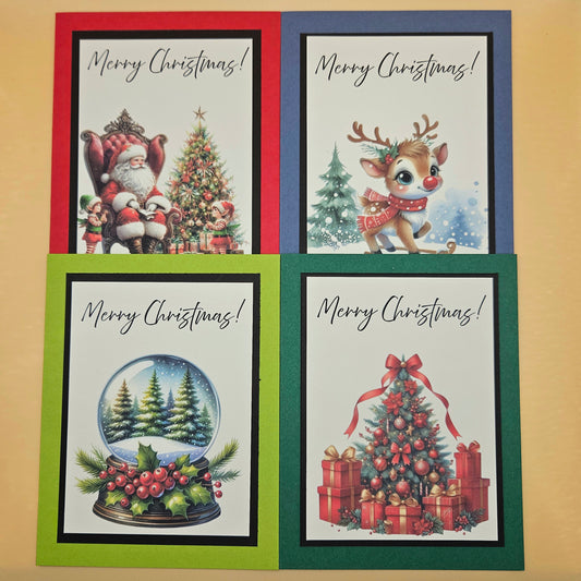 Handmade Christmas Cards Bundle, Vintage Holiday Greeting Cards Santa Snow Globe Reindeer Candy Cane Keepsake Set of 4