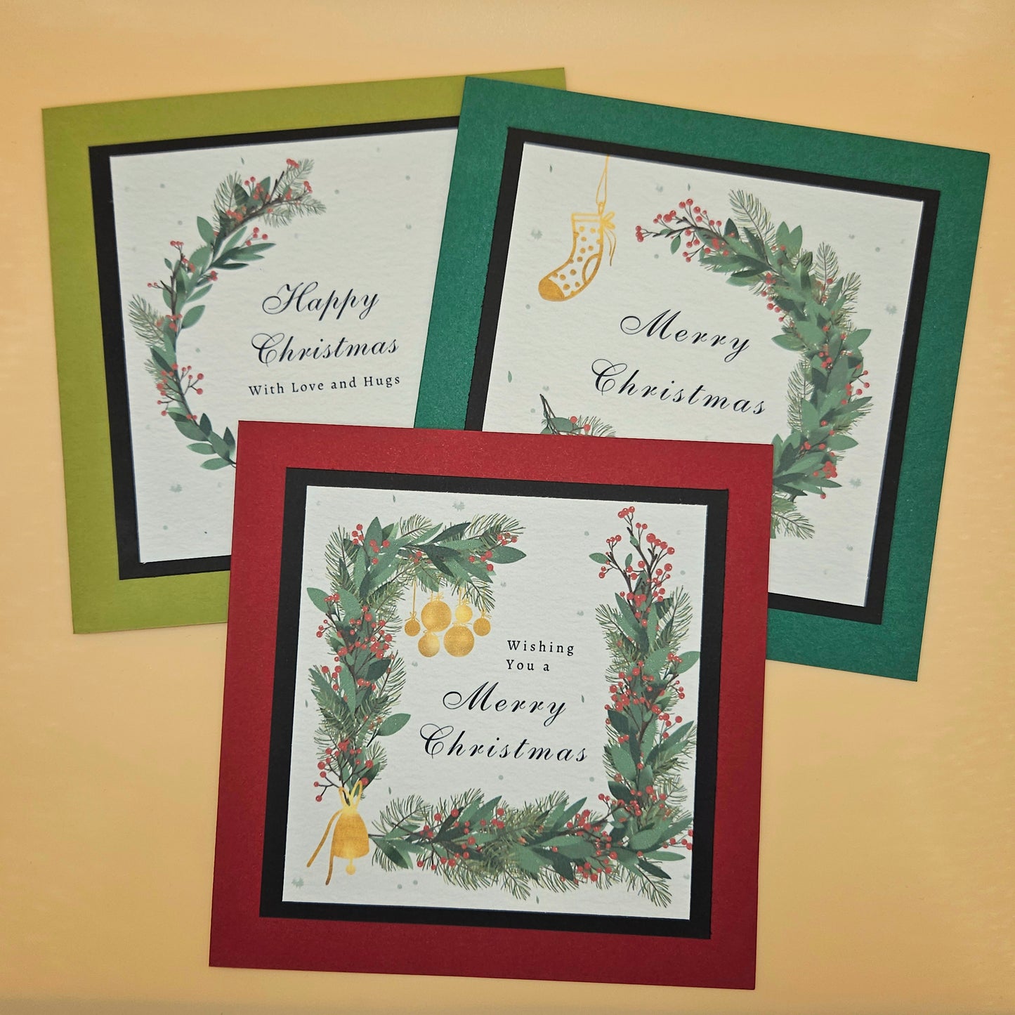 Handmade Christmas Card Bundle, Vintage Wreath Greeting Card Set of 3, Classic Holiday Keepsakes