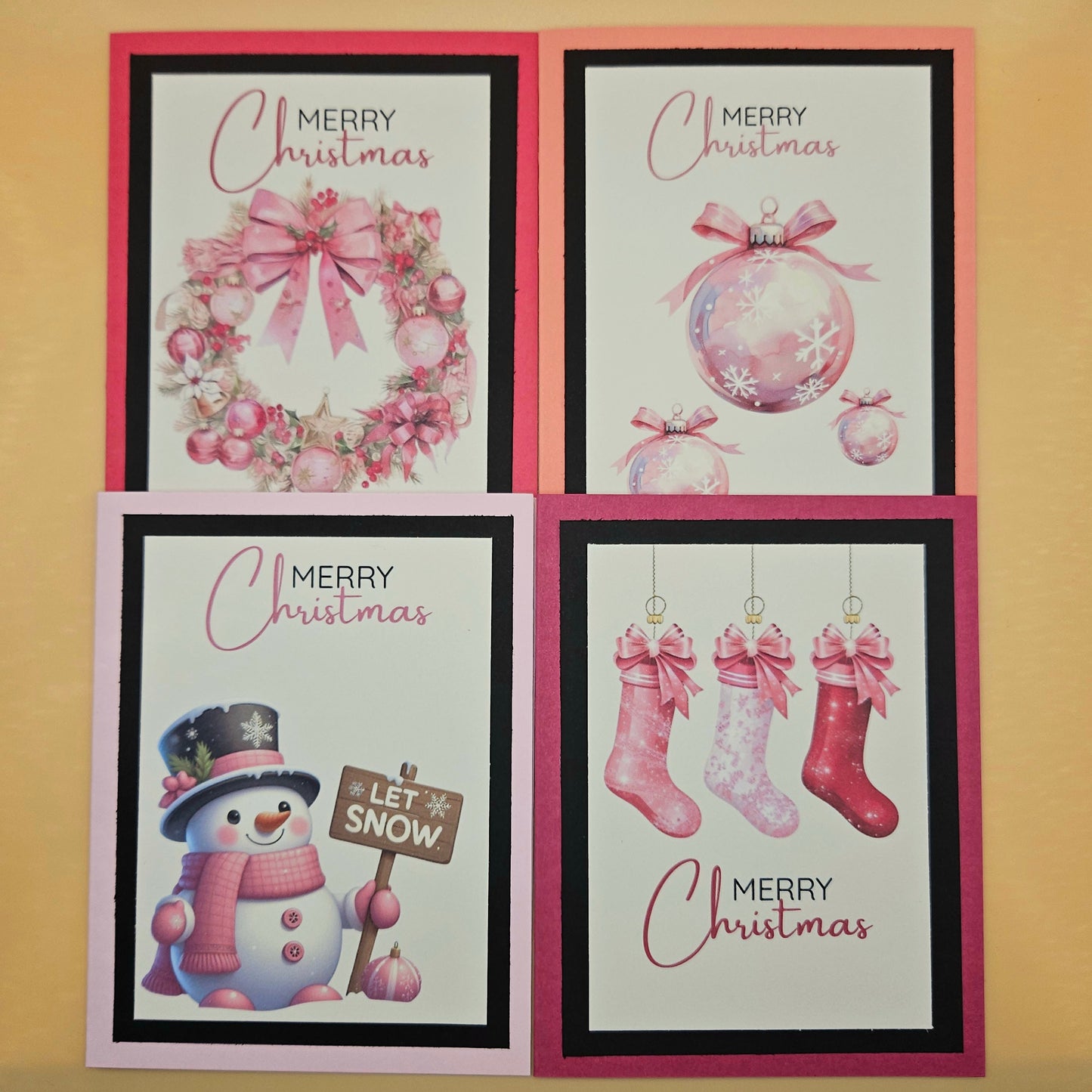 Handmade Christmas Cards Bundle, Watercolor Holiday Greeting Cards, Pink Snowman, Ornaments, Wreath, Stockings Keepsake Set of 4