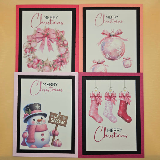 Handmade Christmas Cards Bundle, Watercolor Holiday Greeting Cards, Pink Snowman, Ornaments, Wreath, Stockings Keepsake Set of 4
