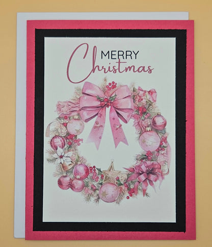 Handmade Christmas Card, Pink Watercolor Wreath Greeting Card, Pastel Holiday Keepsake