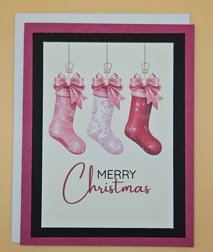 Handmade Christmas Card, Pink Watercolor Stockings Greeting Card, Pastel Hanging Boots Holiday Keepsake