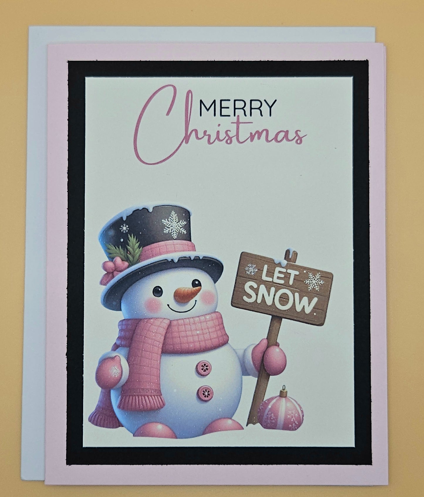 Handmade Christmas Card, Pink Watercolor Snowman Greeting Card, Pastel Let is Snow Holiday Keepsake