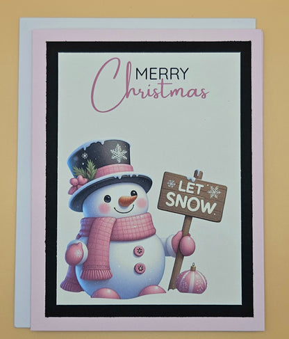 Handmade Christmas Card, Pink Watercolor Snowman Greeting Card, Pastel Let is Snow Holiday Keepsake