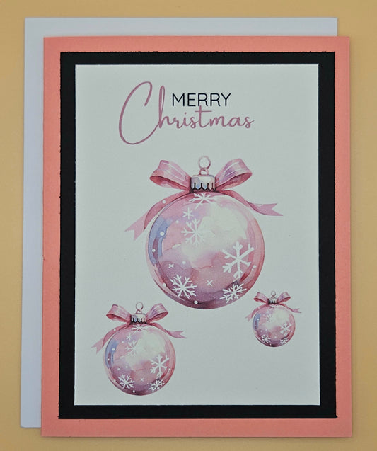 Handmade Christmas Card, Pink Watercolor Ornament Greeting Card, Pastel Holiday Keepsake