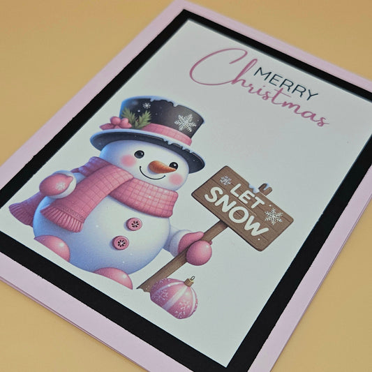 Handmade Christmas Card, Pink Watercolor Snowman Greeting Card, Pastel Let is Snow Holiday Keepsake Tiddly Pom Cards
