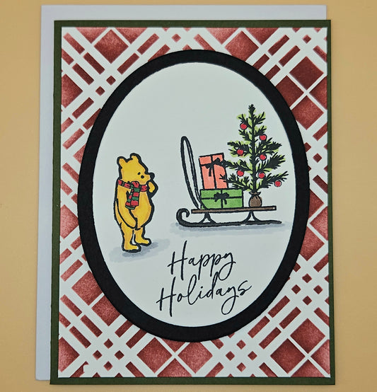 Handmade Christmas Card, Winnie the Pooh Holiday Greeting Card, Hand-Colored Bear Sled Presents Keepsake