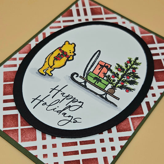 Handmade Christmas Card, Winnie the Pooh Holiday Greeting Card, Hand-Colored Bear Sled Presents Keepsake
