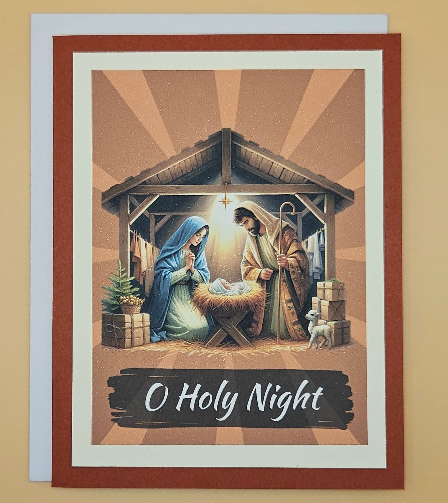 Handmade Christmas Card, O Holy Night Nativity Scene, Religious Holiday Greeting Keepsake Tiddly Pom Cards