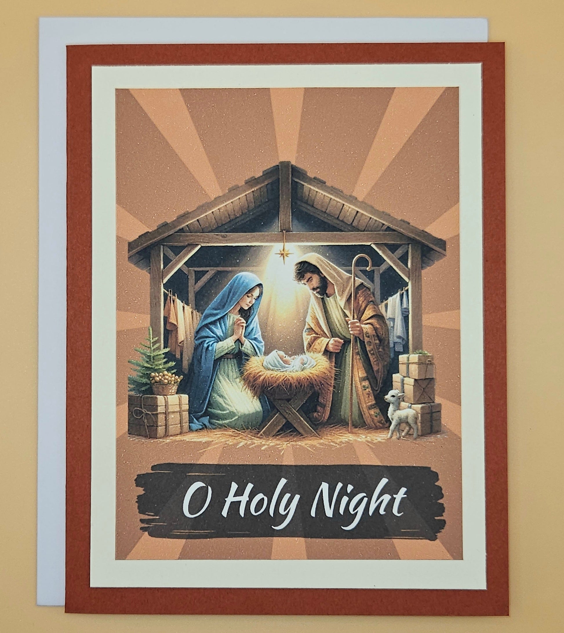Handmade Christmas Card, O Holy Night Nativity Scene, Religious Holiday Greeting Keepsake Tiddly Pom Cards