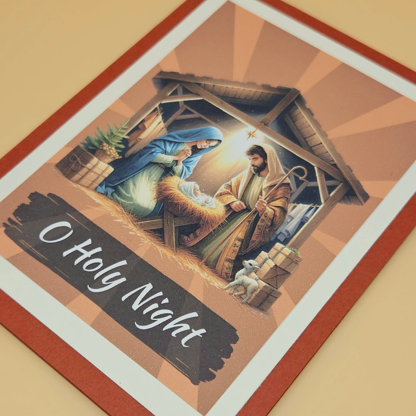 Handmade Christmas Card, O Holy Night Nativity Scene, Religious Holiday Greeting Keepsake Tiddly Pom Cards