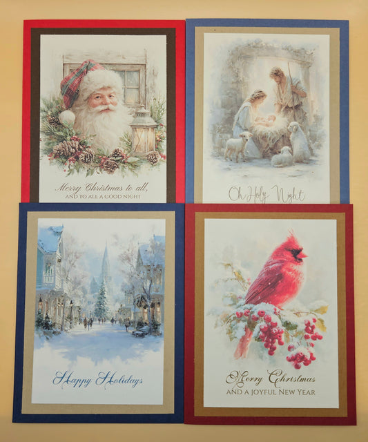 Classic Christmas Card Set of 4, Handmade Watercolor Religious and Traditional Holiday Greeting Cards Keepsake Bundle Tiddly Pom Cards