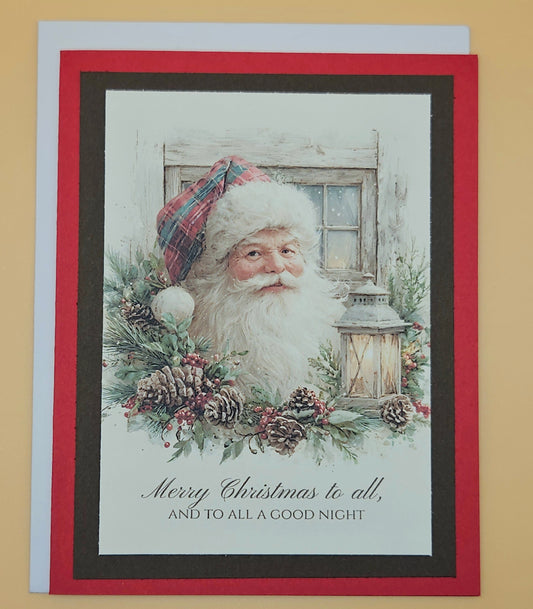 Vintage Christmas Card, Handmade Watercolor Santa Claus Greeting Cards, Traditional Christmas Lantern Keepsake Tiddly Pom Cards