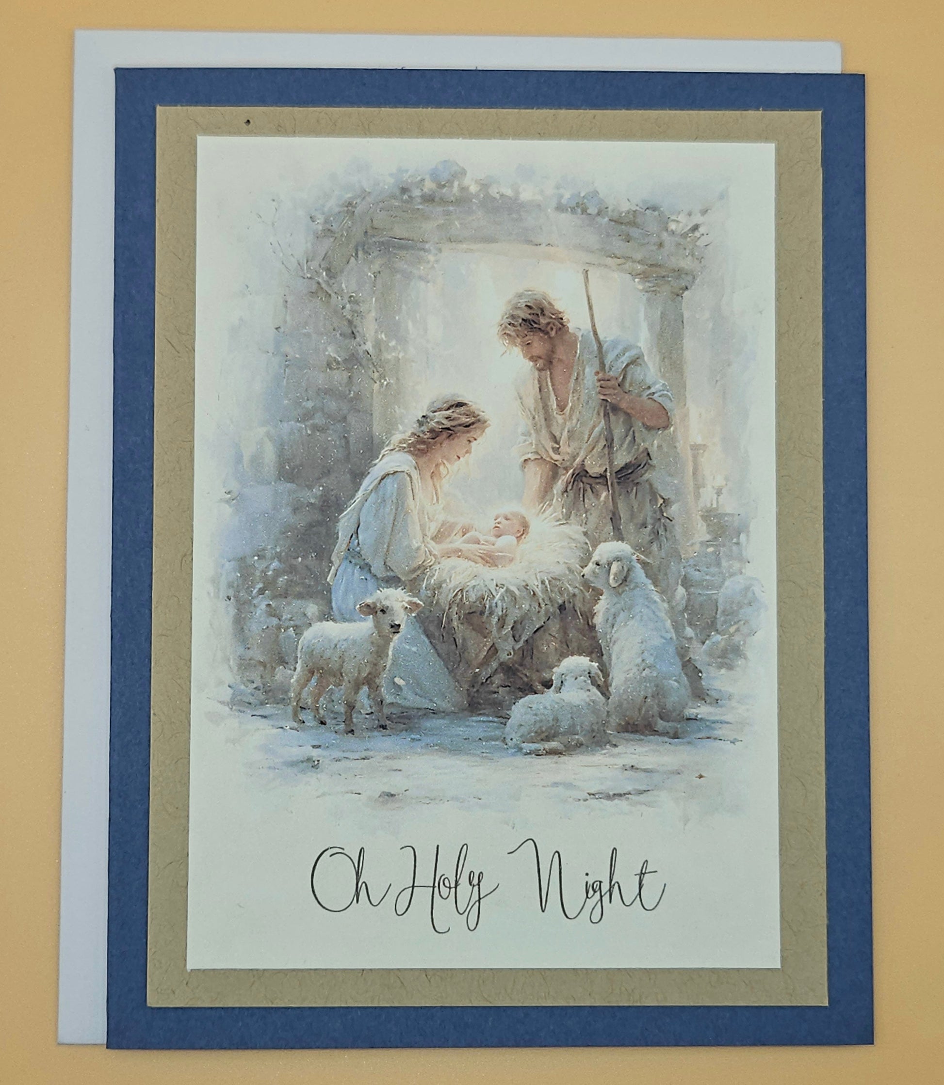 Religious Christmas Card, Handmade Watercolor Nativity, O Holy Night Holiday Greeting Keepsake Tiddly Pom Cards