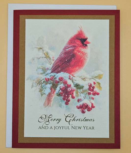 Classic Christmas Card, Handmade Watercolor Red Cardinal Religious Holiday Keepsake, Snowy Holly Branch Greeting Tiddly Pom Cards