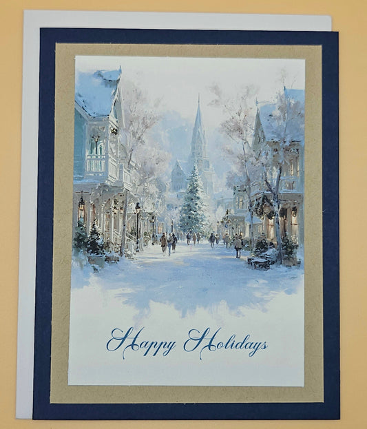Handmade Snowy Village Christmas Card, Watercolor Winter Street Scene Keepsake, Elegant Happy Holidays Greeting Tiddly Pom Cards