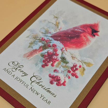 Classic Christmas Card, Handmade Watercolor Red Cardinal Religious Holiday Keepsake, Snowy Holly Branch Greeting Tiddly Pom Cards