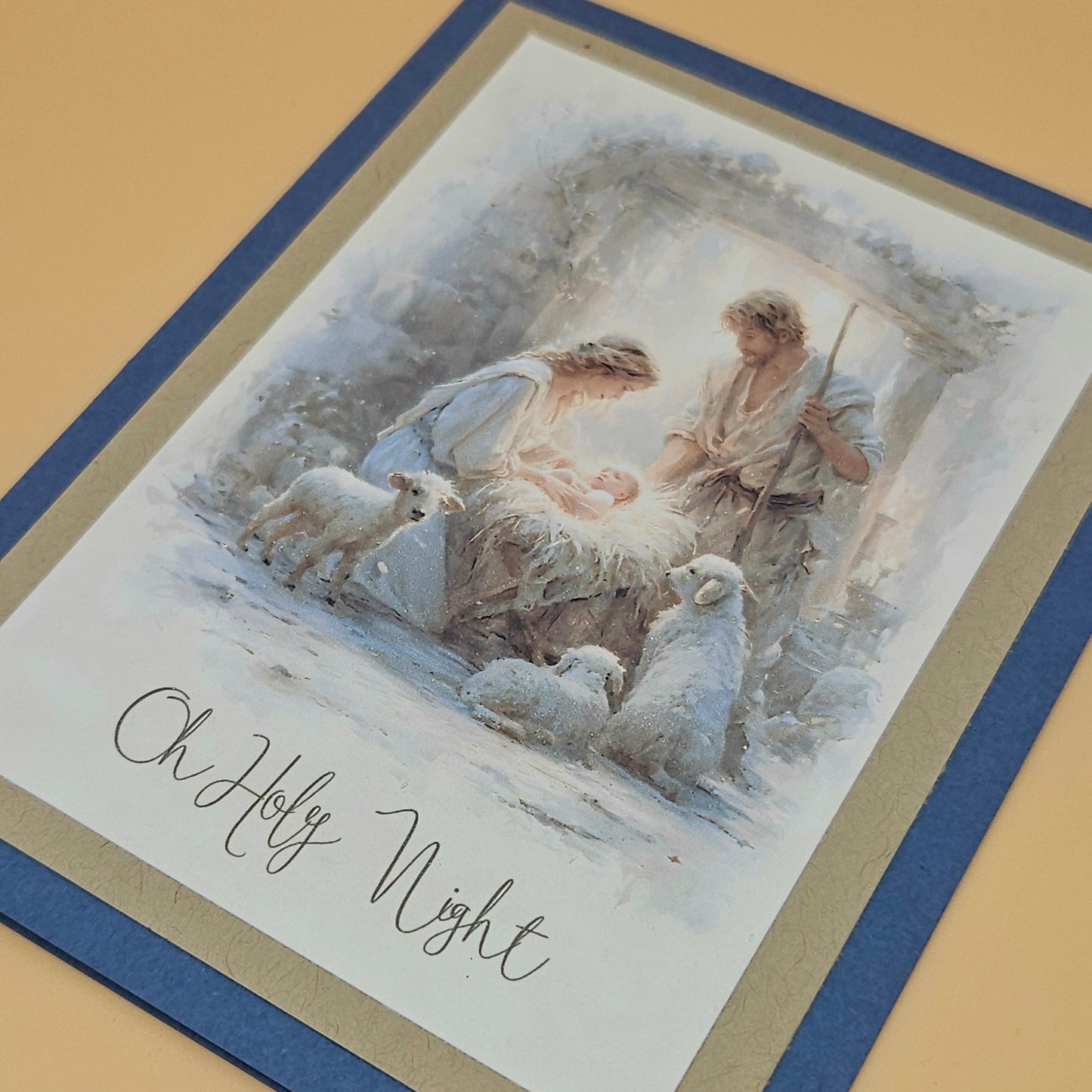 Religious Christmas Card, Handmade Watercolor Nativity, O Holy Night Holiday Greeting Keepsake Tiddly Pom Cards