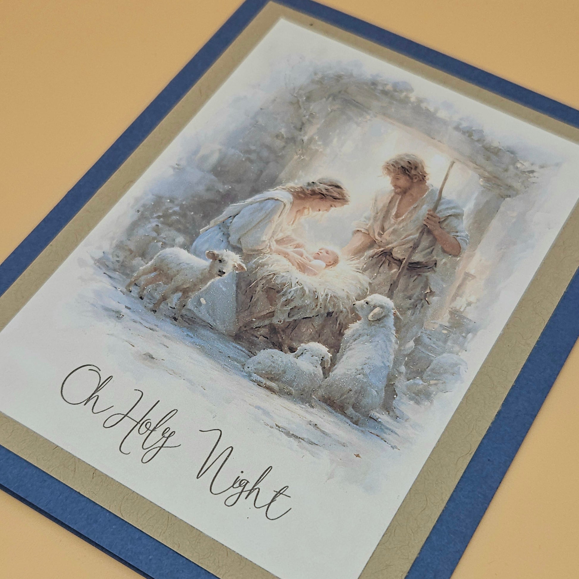 Religious Christmas Card, Handmade Watercolor Nativity, O Holy Night Holiday Greeting Keepsake Tiddly Pom Cards