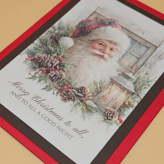 Vintage Christmas Card, Handmade Watercolor Santa Claus Greeting Cards, Traditional Christmas Lantern Keepsake Tiddly Pom Cards