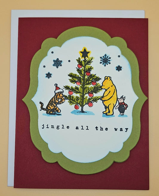Winnie the Pooh Christmas Card, Handmade Hand-Colored Pooh and Friends Classic Holiday Greeting Keepsake Tiddly Pom Cards