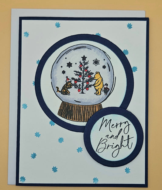 Winnie the Pooh Christmas Card, Handmade Hand-Colored Snow Globe Holiday Greeting Keepsake, Tiddly Pom Cards