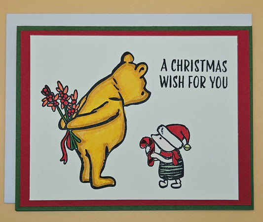 Winnie the Pooh Christmas Card, Handmade Hand-Colored Pooh Sleigh Card, Classic Holiday Greeting Keepsake Tiddly Pom Cards