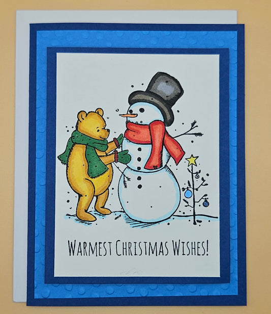Winnie the Pooh Christmas Card, Handmade Hand-Colored Snowman Keepsake, Layered Blue Embossed Holiday Greeting Tiddly Pom Cards