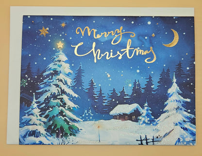 Pop-Up Christmas Card, Gift Card Holder Holiday Greeting, Gold Foil Season's Greetings, Winter Village Snowman Scene Tiddly Pom Cards