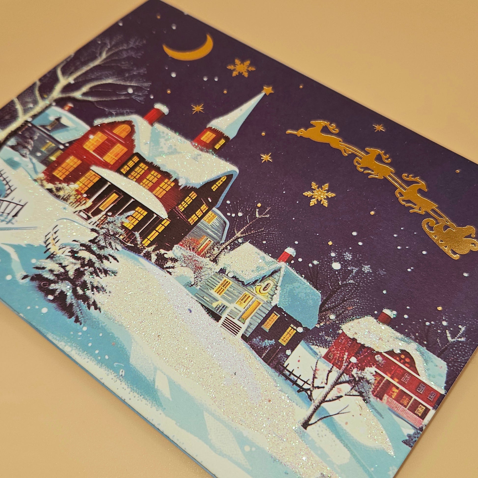 Pop-Up Christmas Card, Gift Card Holder Holiday Greeting, Gold Foil Santa Penguin Reindeer, Snowy Village Scene Keepsake Tiddly Pom Cards