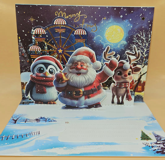Pop-Up Christmas Card, Gift Card Holder Holiday Greeting, Gold Foil Santa Penguin Reindeer, Snowy Village Scene Keepsake Tiddly Pom Cards