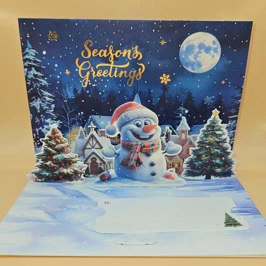 Pop-Up Christmas Card, Gift Card Holder Holiday Greeting, Gold Foil Season's Greetings, Winter Village Snowman Scene Tiddly Pom Cards