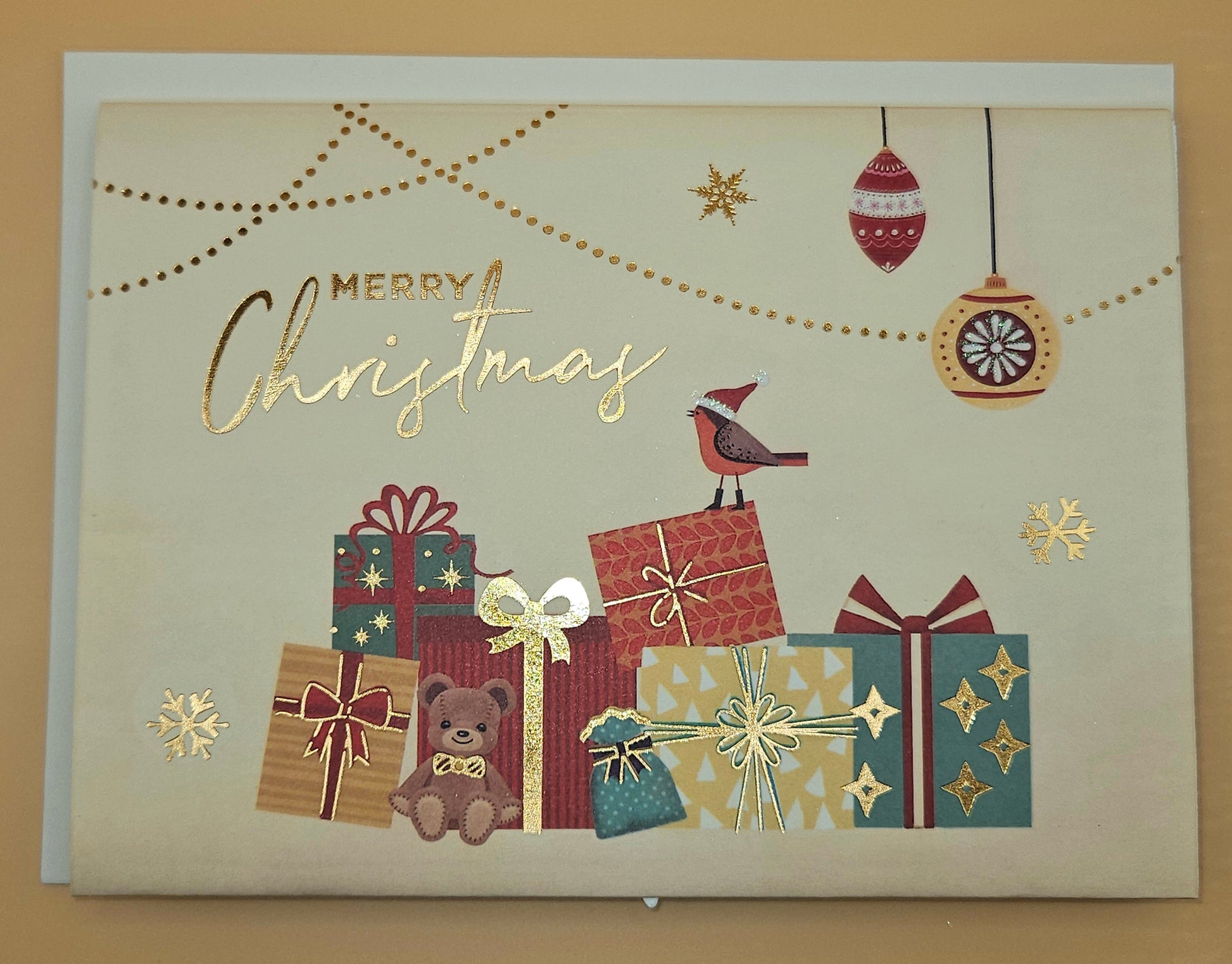 Pop-Up Christmas Card, Gift Card Holder Holiday Greeting, Gold Foil Tree and Presents Festive Keepsake Tiddly Pom Cards