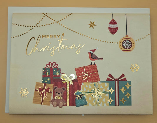 Pop-Up Christmas Card, Gift Card Holder Holiday Greeting, Gold Foil Tree and Presents Festive Keepsake Tiddly Pom Cards